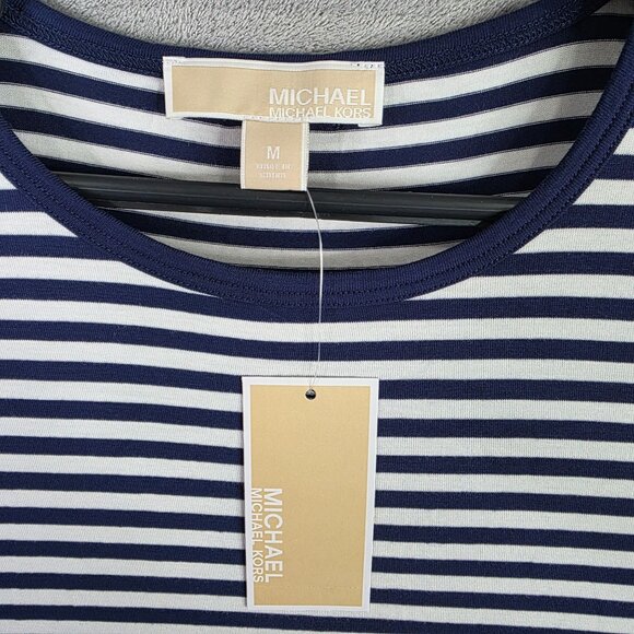 Womens Michael Kors Navy & White Striped Shirt Long Sleeve Round Neck Viscose M - Picture 2 of 9